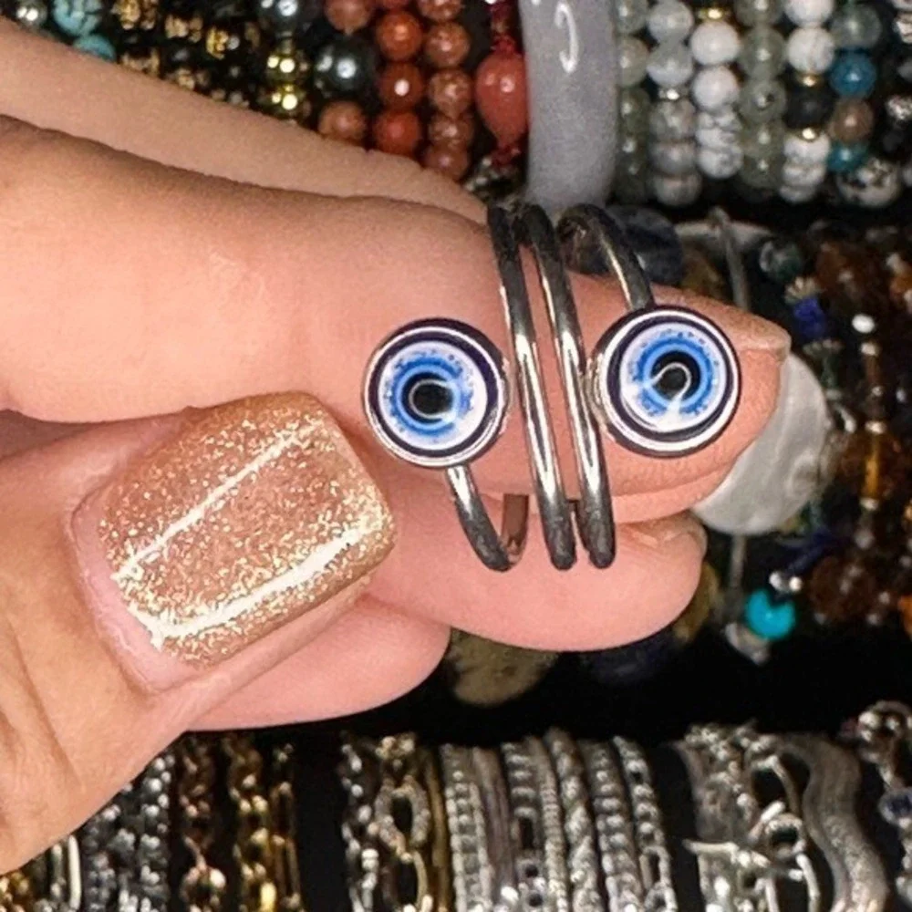 Evil Eye Blue Stainless Steel Open Silver Tone Boho Ring